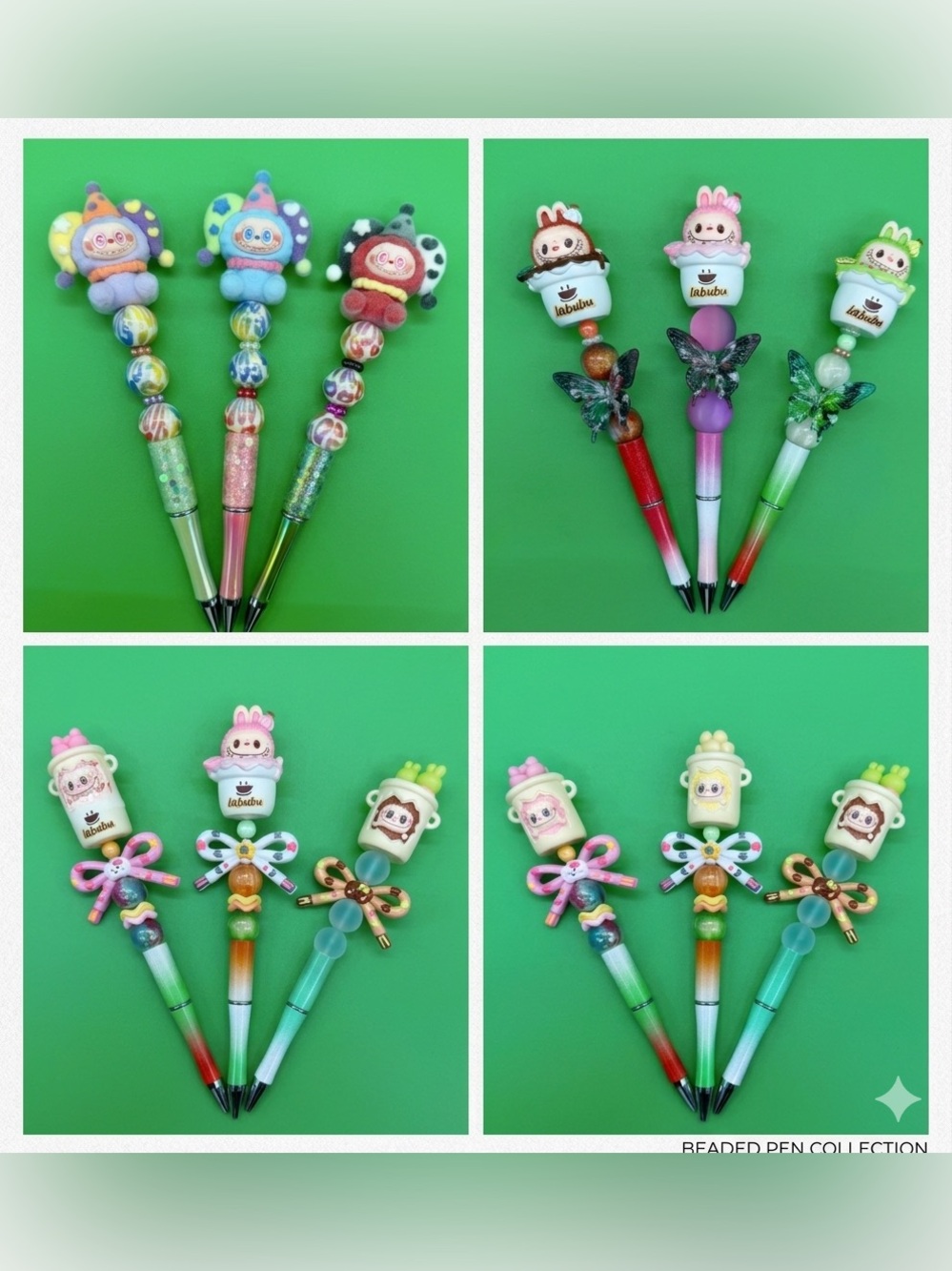Cute Bunny & Character Beaded  Pen Set - Pastel Green, Pink, Purple